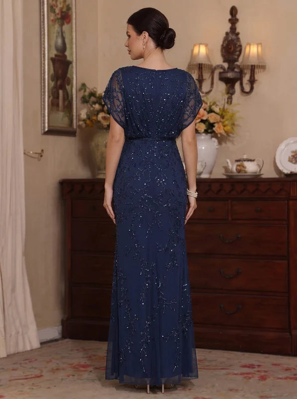 Robe Mère de la Mariée, Gaine/Colonne, Dentelle Florale, Col en V, Manches Courtes, Longueur de la Cheville