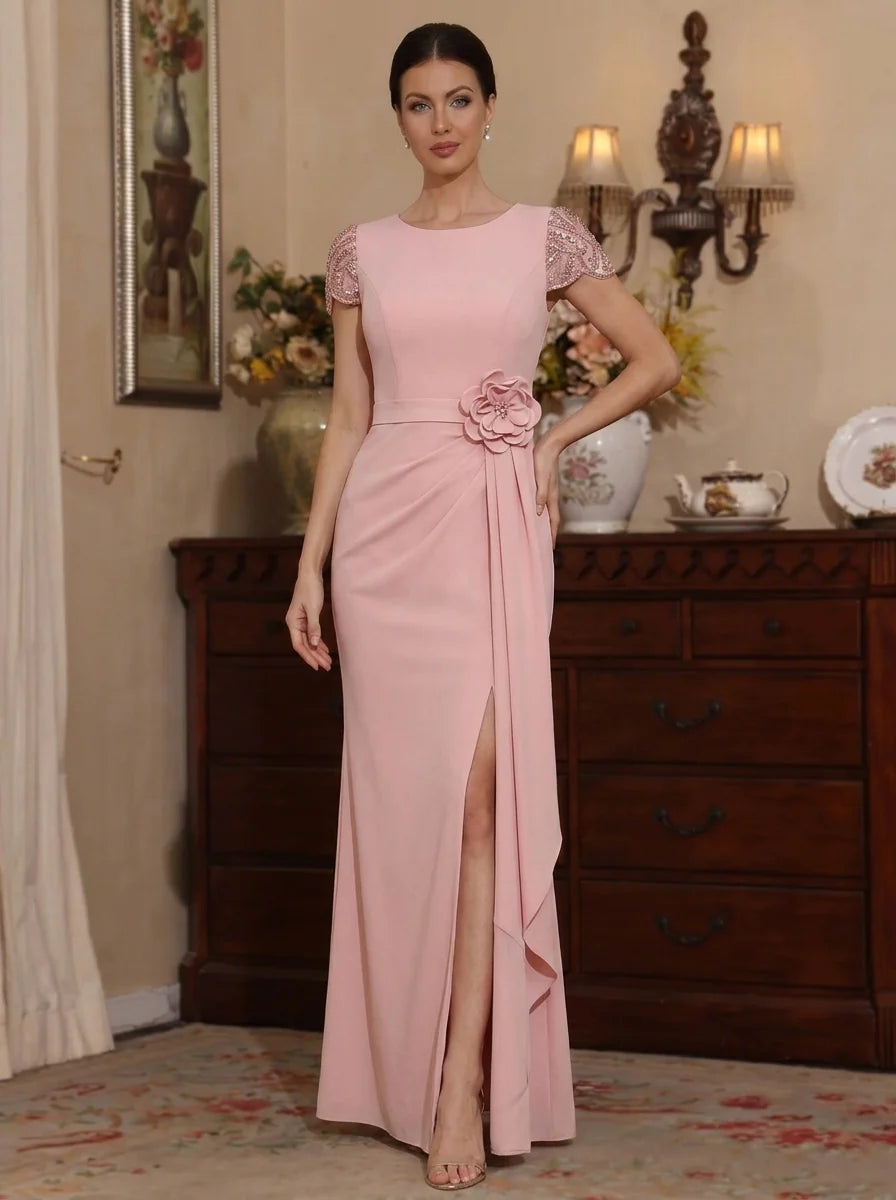 Robe Mère de la Mariée, Gaine/Colonne, Mousseline Élastique, Col Rond, Manches Courtes, Longueur au Sol, avev Fleurs 3D et Fente Latérale