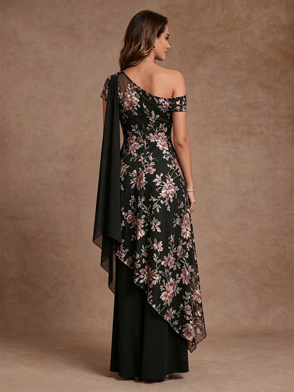 Robe Mère de la Mariée Florale en Mousseline, Gaine/Colonne, avec Col Asymétrique, Longueur au Sol, Manches Courtes, à Volants