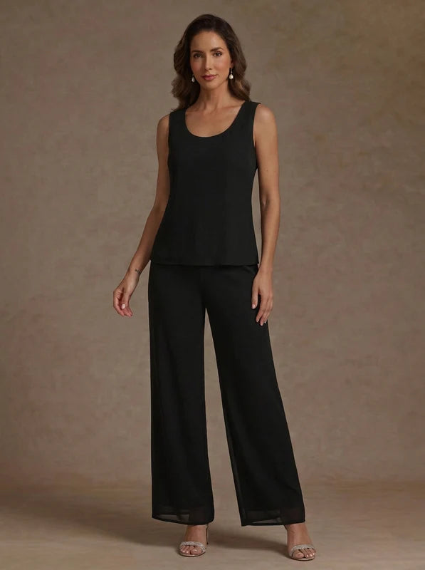 3 Pièces Tailleur Pantalon Mère de la Mariée Florale en Mousseline, Col Rond, Longueur de la Cheville, avec Veste