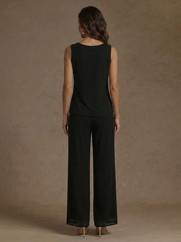3 Pièces Tailleur Pantalon Mère de la Mariée Florale en Mousseline, Col Rond, Longueur de la Cheville, avec Veste