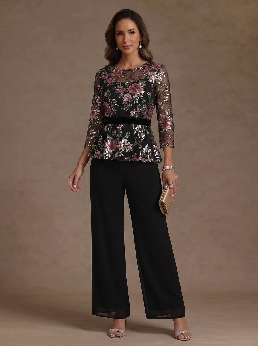 3 Pièces Tailleur Pantalon Mère de la Mariée Florale en Mousseline, Col Rond, Longueur de la Cheville, Manches 3/4