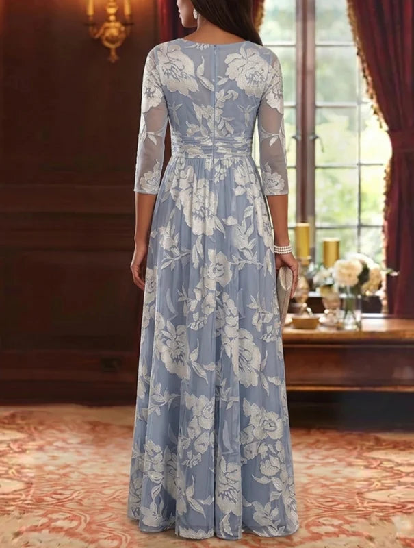 Robe Mère de la Mariée Florale en Tissu Burnout, Ligne A/Princesse, Col en V, Manches 3/4, Longueur au Sol