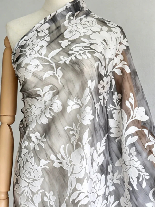 Robe 2 Pièces Mère de la Mariée Florale en Mousseline à Col Rond Ligne A/Princesse Longueur Midi Manches 3/4 à Volants