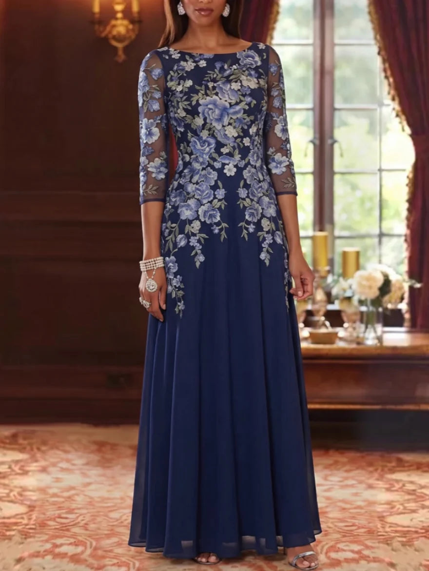Robe Mère de la Mariée Florale en Mousseline, Ligne A/Princesse, Col Rond, Manches 3/4, Longueur au Sol