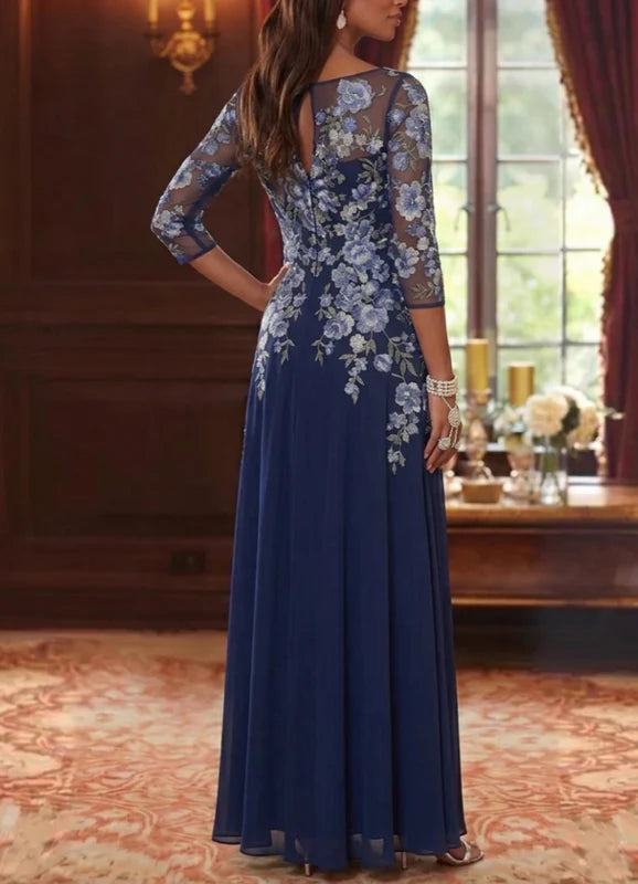 Robe Mère de la Mariée Florale en Mousseline, Ligne A/Princesse, Col Rond, Manches 3/4, Longueur au Sol