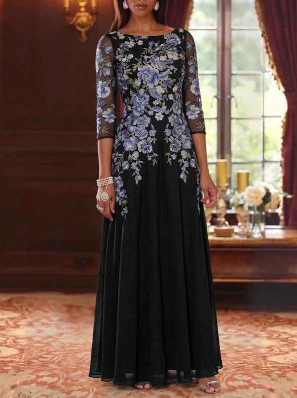 Robe Mère de la Mariée Florale en Mousseline, Ligne A/Princesse, Col Rond, Manches 3/4, Longueur au Sol
