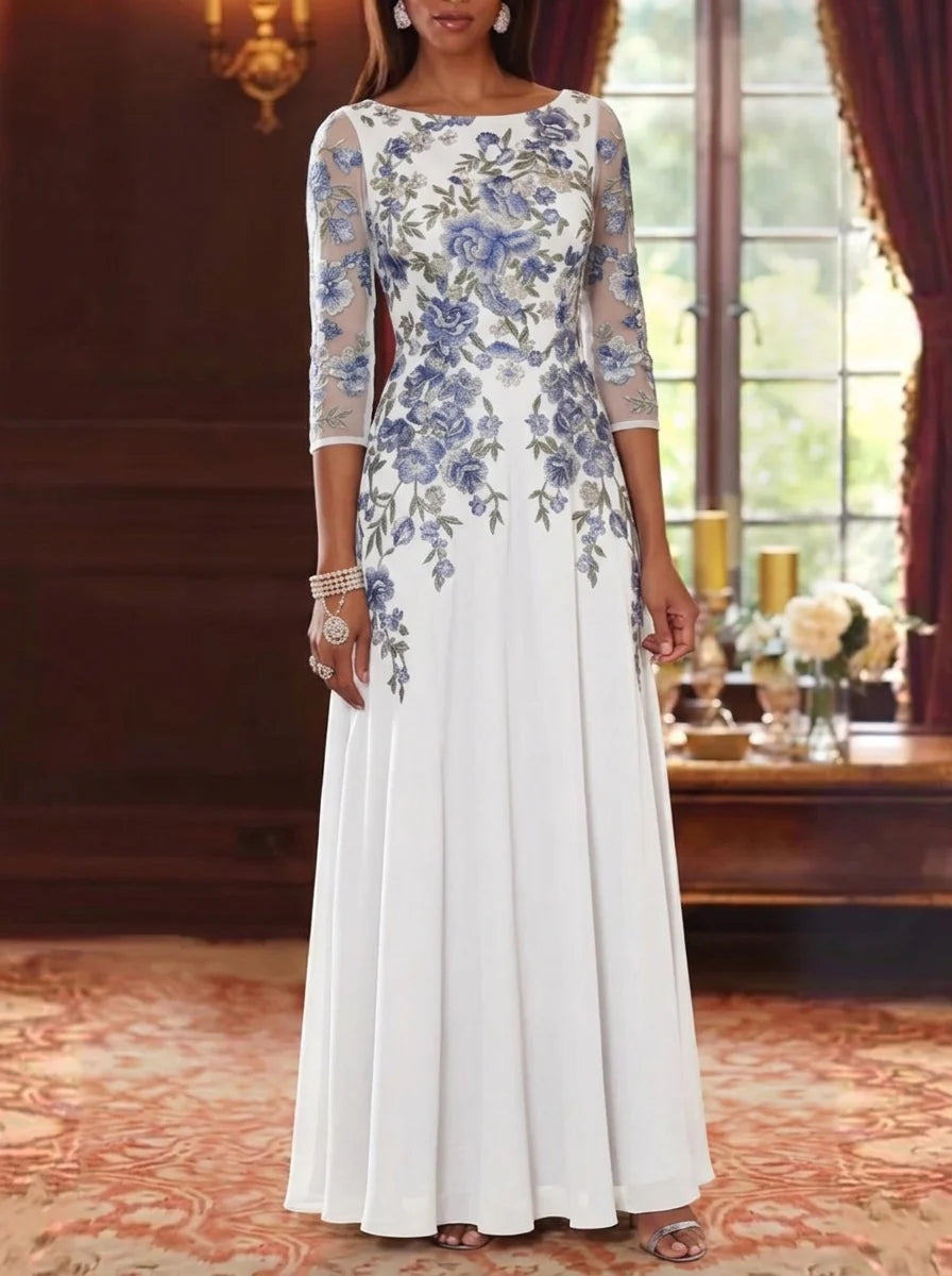 Robe Mère de la Mariée Florale en Mousseline, Ligne A/Princesse, Col Rond, Manches 3/4, Longueur au Sol