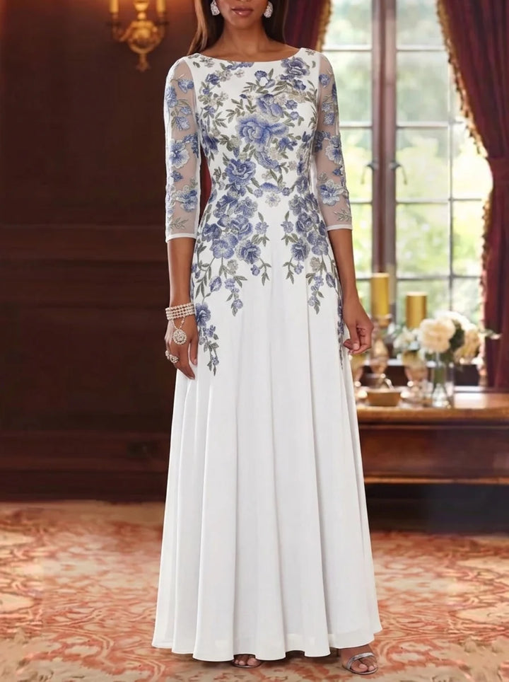 Robe Mère de la Mariée Florale en Mousseline, Ligne A/Princesse, Col Rond, Manches 3/4, Longueur au Sol
