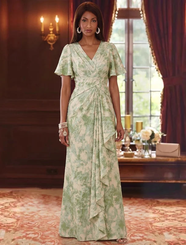 Robe Mère de la Mariée Florale en Jacquard, Ligne A/Princesse, Col en V, Manches Courtes, Longueur au Sol, à Volants