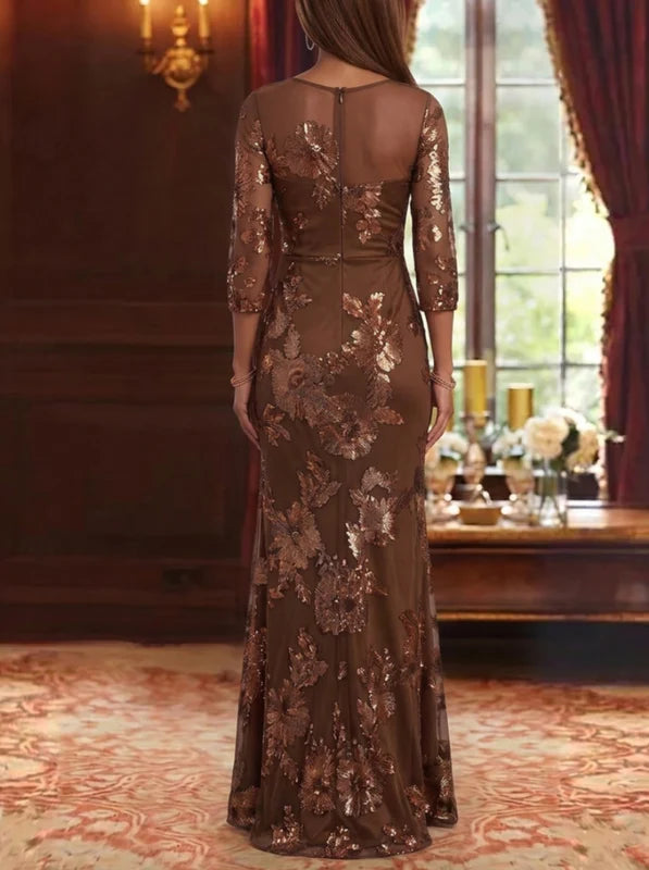 Robe Mère de la Mariée Florale en Dentelle Brodée, Gaine/Colonne, Col Rond, Manches 3/4, Longueur au Sol
