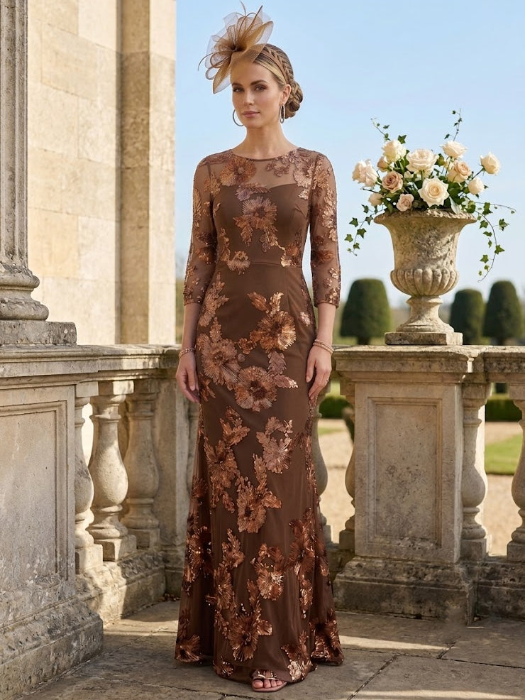 Robe Mère de la Mariée Florale en Dentelle Brodée, Gaine/Colonne, Col Rond, Manches 3/4, Longueur au Sol