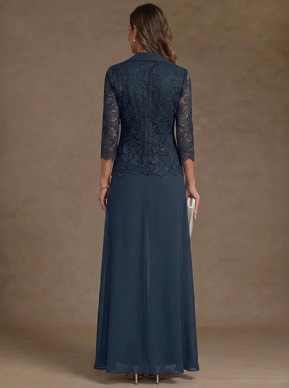 3 Pièces Tailleur Pantalon Mère de la Mariée en Mousseline, Col Rond, Longueur Cheville, Manches 3/4, avec Veste et Surjupe en Dentelle