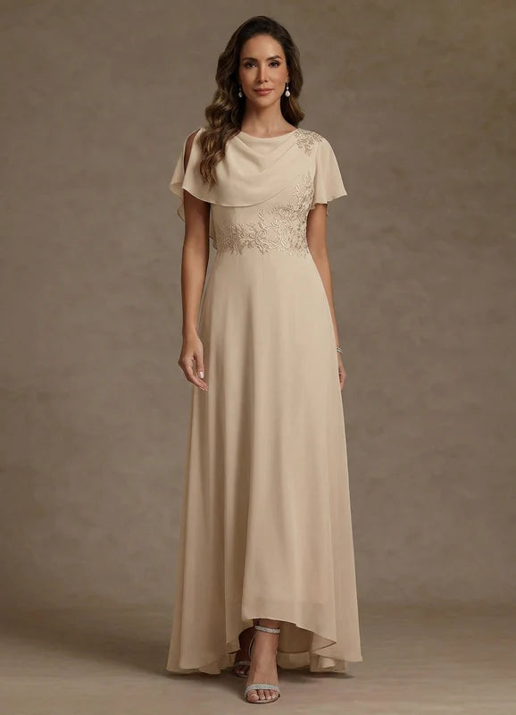 Robe Mère de la Mariée en Mousseline, Col Rond, Ligne A/Princesse, Longueur au Sol Asymétrique, Manches Courtes