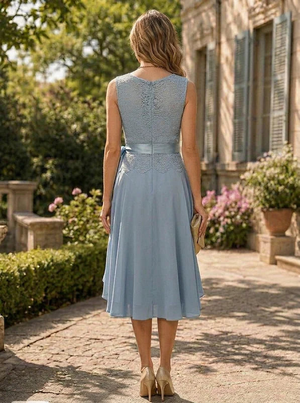 Robe Mère de la Mariée Florale en Mousseline Ligne A/Princesse à Col Rond Manches 3/4 Longueur Midi avec Veste