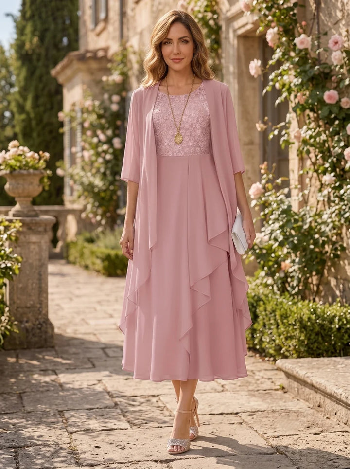 Robe Mère de la Mariée Florale en Mousseline Ligne A/Princesse à Col Rond Manches Mi-Longues Longueur Midi à Volants avec Veste