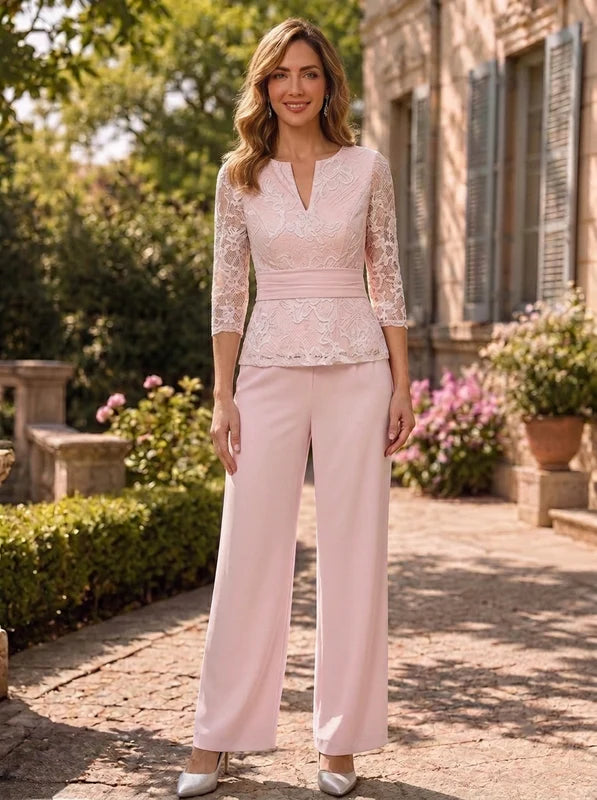Tailleur Pantalon Mère de la Mariée en Mousseline à Col V Manches 3/4 Longueur de la Cheville avec Broderie en Dentelle