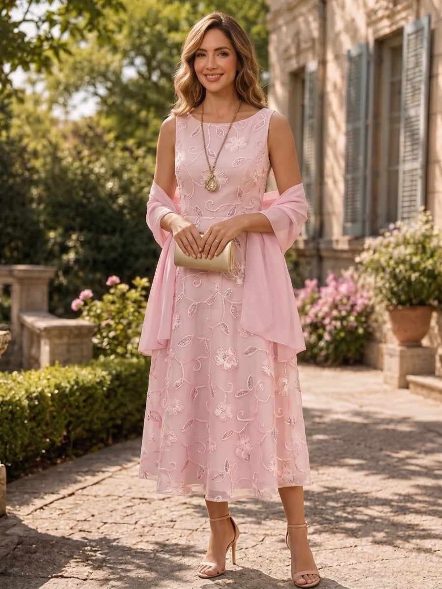 Robe Mère de la Mariée en Mousseline à Col Rond Ligne A/Princesse Longueur Midi avec Châle