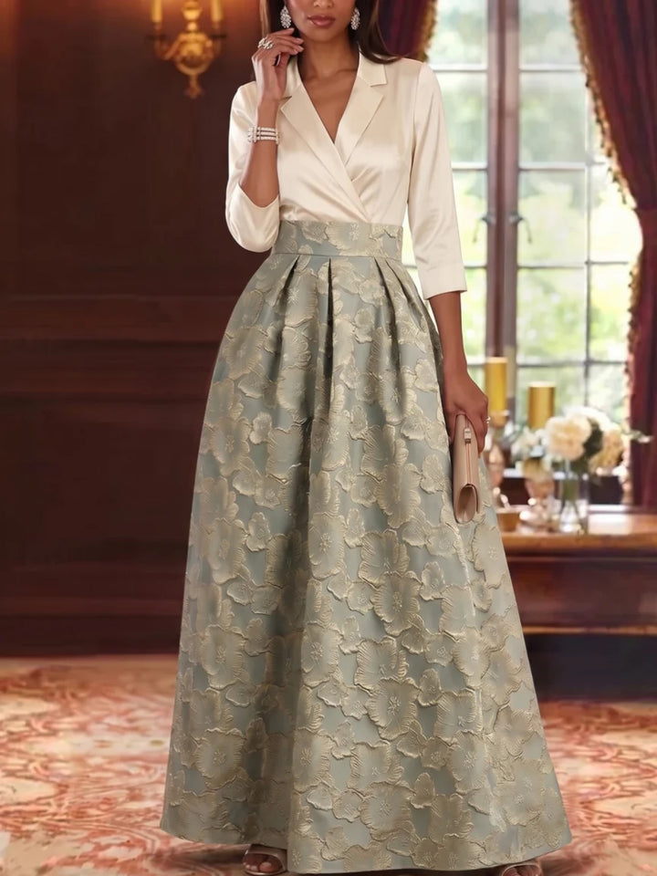 Robe Mère de la Mariée en Jacquard à Col V Ligne A/Princesse Longueur au Sol Florale Manches 3/4