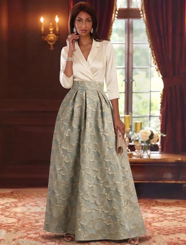 Robe Mère de la Mariée en Jacquard à Col V Ligne A/Princesse Longueur au Sol Florale Manches 3/4