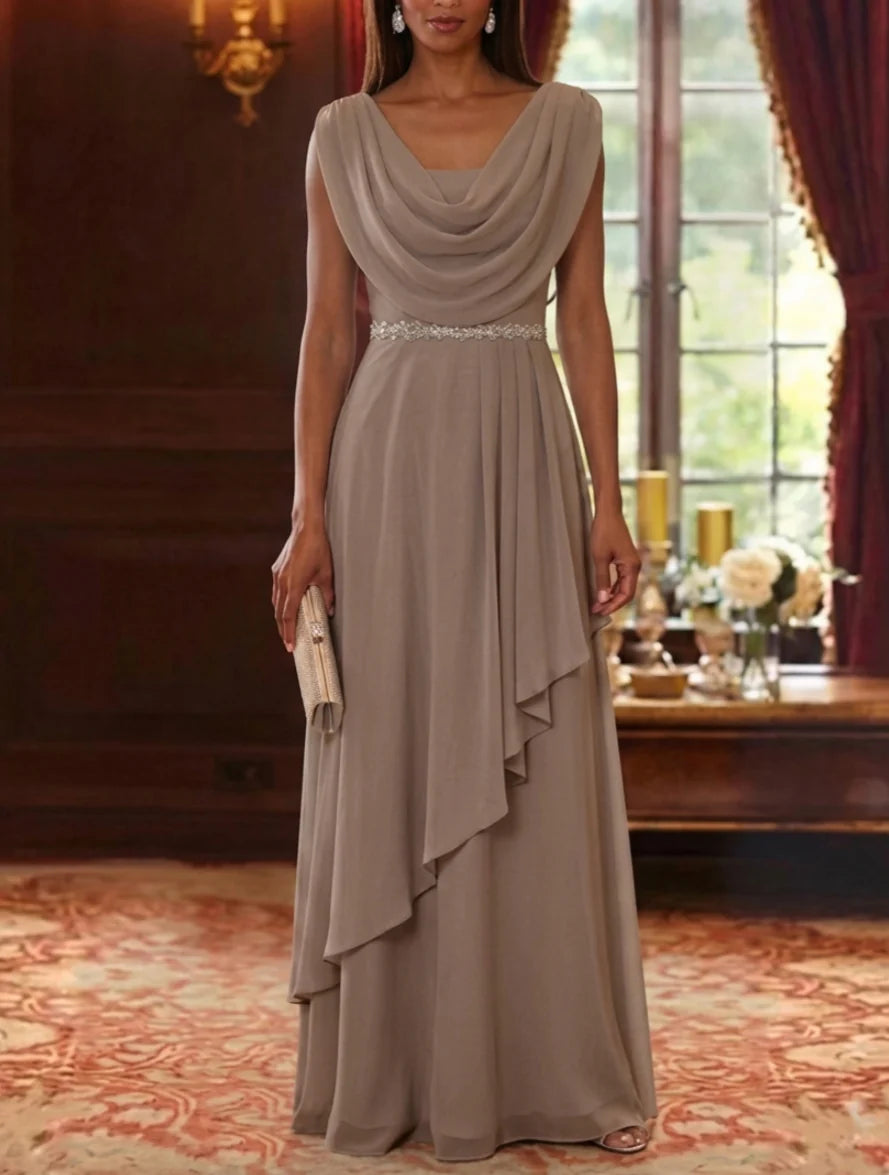 Robe Mère de la Mariée en Mousseline à Col Drapé Ligne A/Princesse Longueur au Sol à Volants Sans Manches