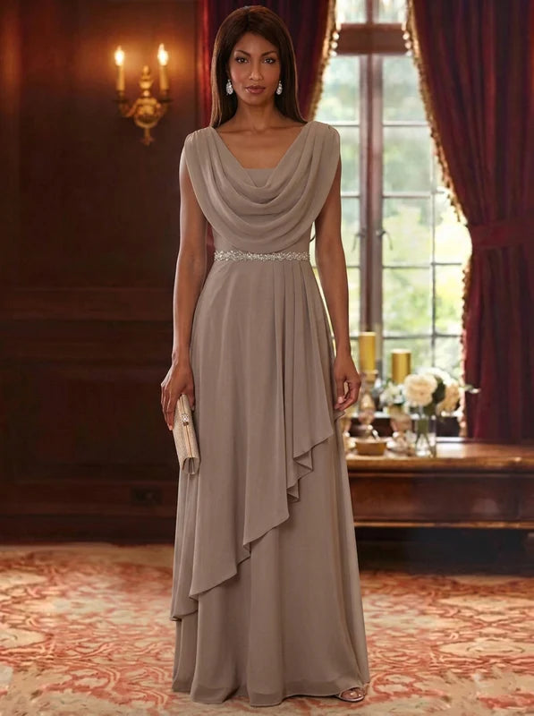 Robe Mère de la Mariée en Mousseline à Col Drapé Ligne A/Princesse Longueur au Sol à Volants Sans Manches
