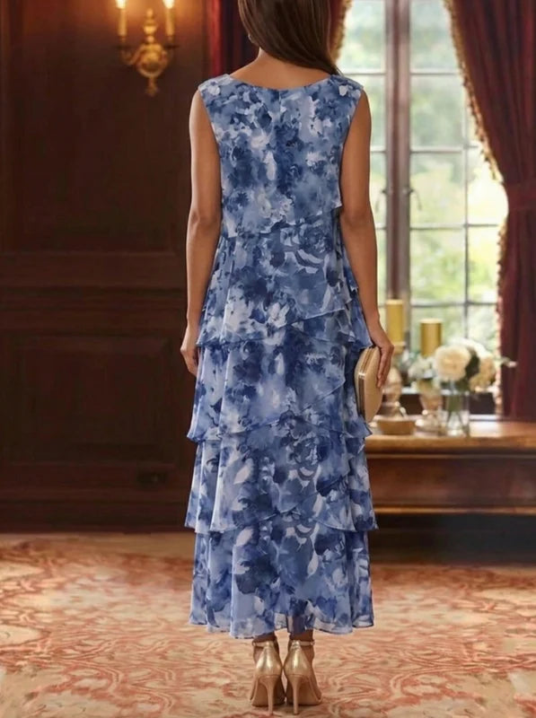 Robe Mère de la Mariée en Mousseline à Col Rond Ligne A/Princesse Longueur Cheville Florale Manches 3/4