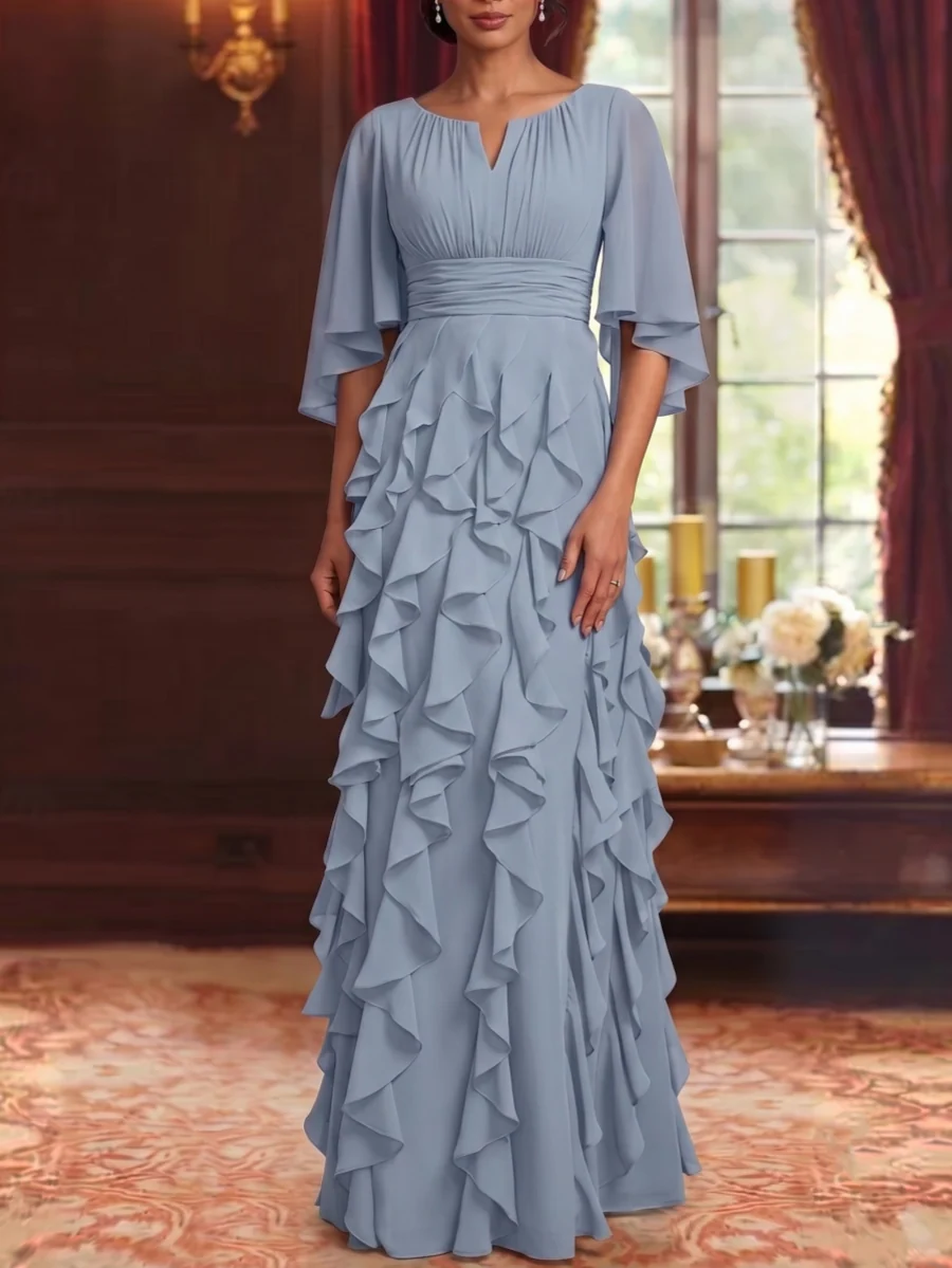 Robe Mère de la Mariée en Mousseline à Col Rond Ligne A/Princesse Longueur au Sol à Volants Manches 3/4