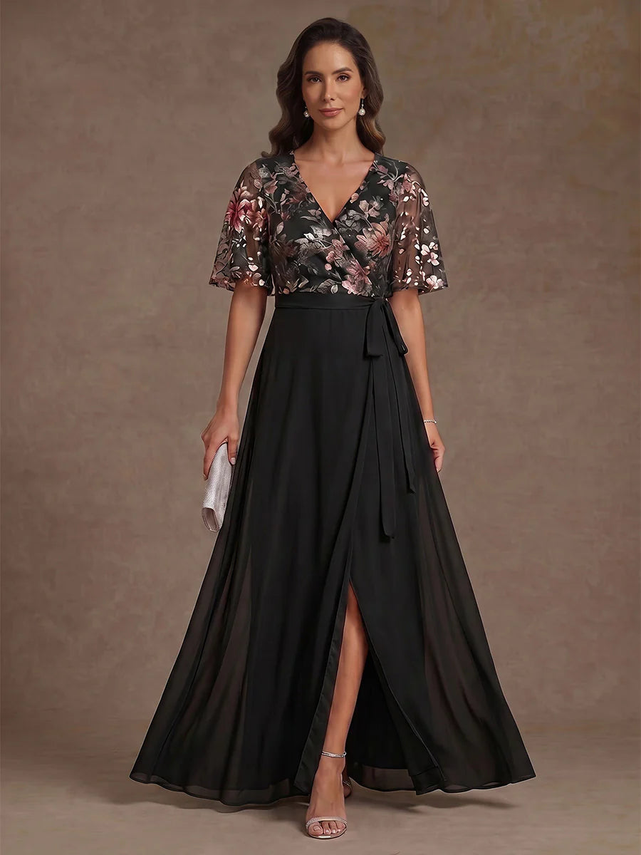 Robe Mère de la Mariée Florale en Mousseline à Col V Longueur au Sol Manches Courtes Florale avec Fente Latérale