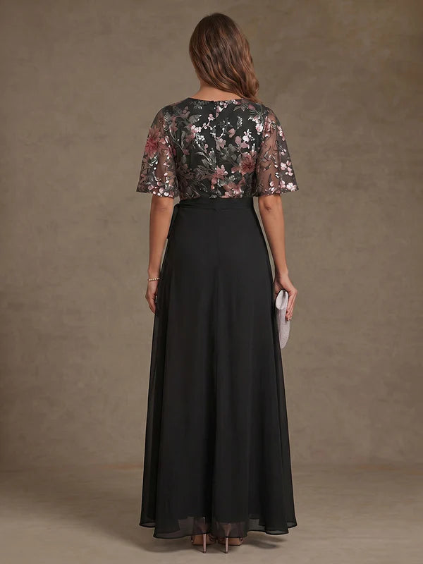 Robe Mère de la Mariée Florale en Mousseline à Col V Longueur au Sol Manches Courtes Florale avec Fente Latérale