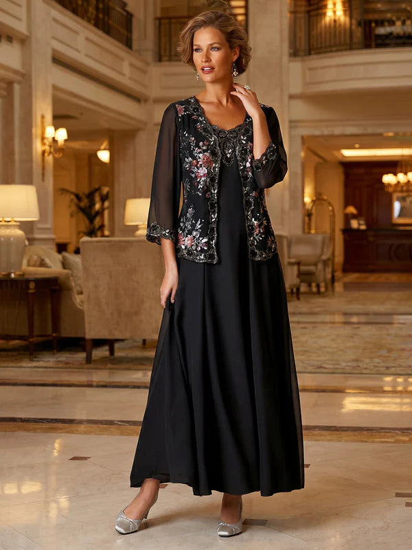 Robe Mère de la Mariée en Mousseline à Col Rond Ligne A/Princesse Longueur Cheville Florale Manches 3/4 avec Veste