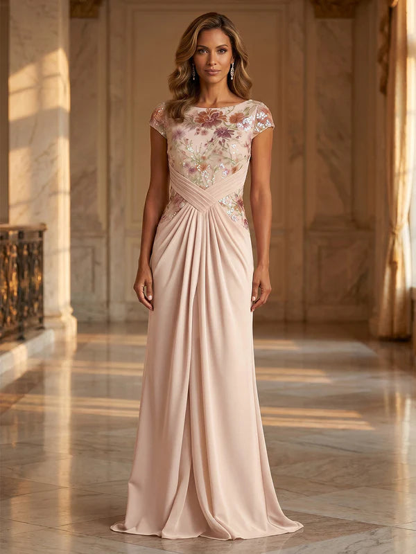 Robe Mère de la Mariée en Mousseline à Col Rond Gaine/Colonne Longueur au Sol Florale Froncée Manches Cape