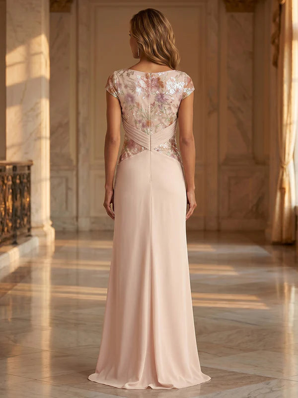 Robe Mère de la Mariée en Mousseline à Col Rond Gaine/Colonne Longueur au Sol Florale Froncée Manches Cape