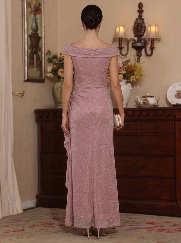 Robe Mère de la Mariée en Maille Métallique à Col Asymétrique Longueur Cheville Sans Manches à Volants