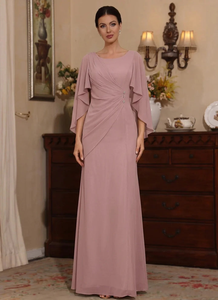 Robe Mère de la Mariée en Mousseline à Col Rond Ligne A/Princesse Longueur au Sol Manches Cape Froncée
