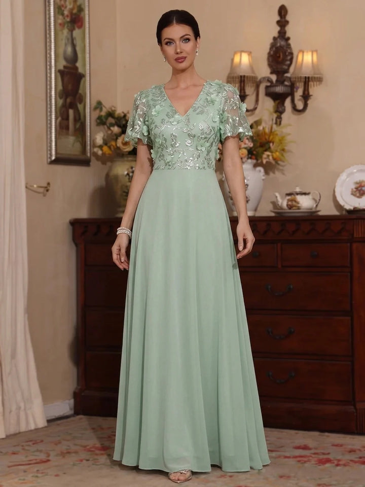 Robe Mère de la Mariée Florale en Mousseline à Col V Longueur au Sol Manches Courtes avec Fleurs 3D