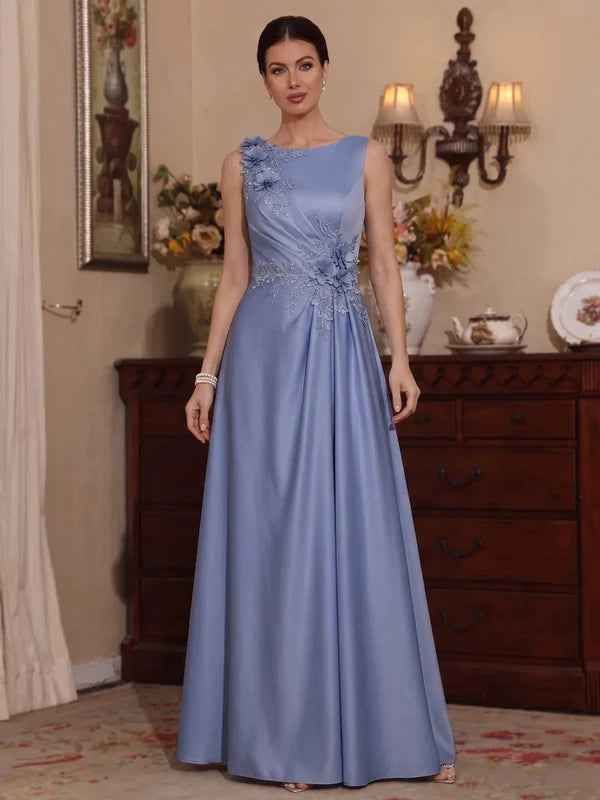 Robe Mère de la Mariée en Satin Ligne A/Princesse à Col Rond Longueur au Sol avec Fleurs 3D Sans Manches
