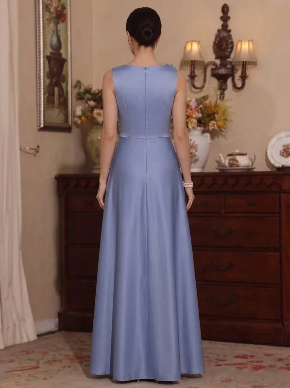 Robe Mère de la Mariée en Satin Ligne A/Princesse à Col Rond Longueur au Sol avec Fleurs 3D Sans Manches