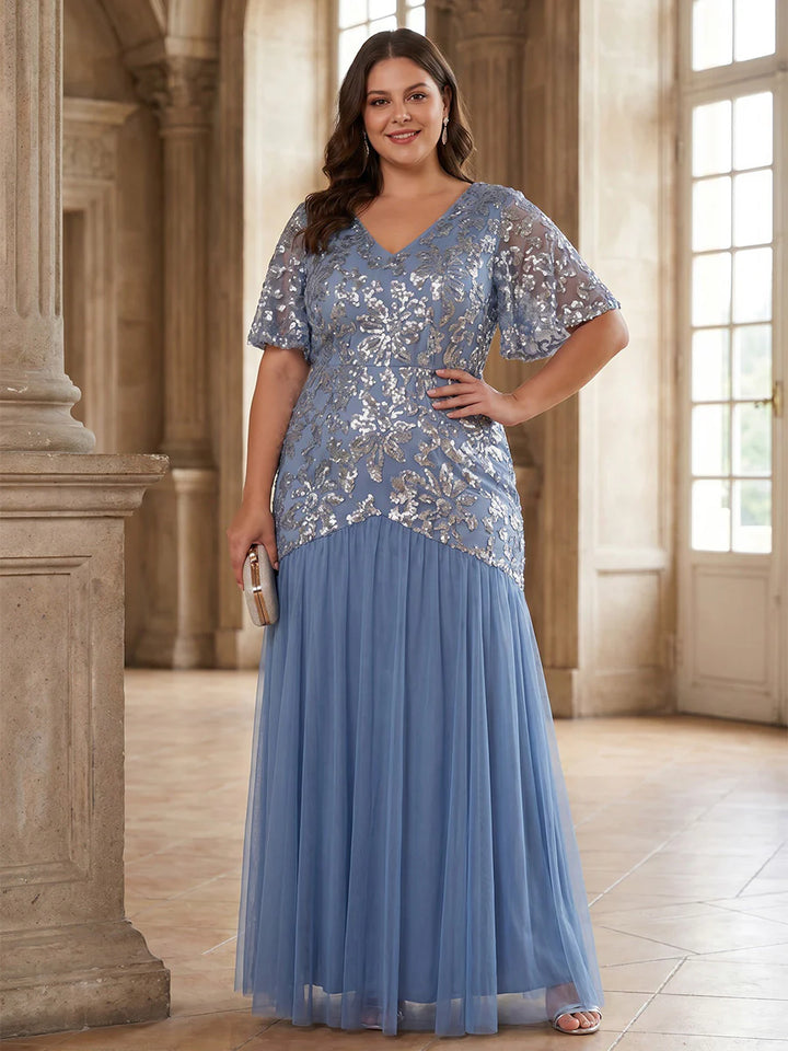 Robe Mère de la Mariée Grande Taille Florale en Mousseline Ligne A/Princesse à Col V Manches Courtes Longueur au Sol à Volants
