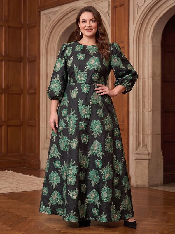 Robe Mère de la Mariée Grande Taille Florale Ligne A/Princesse à Col Rond Manches Longues Longueur Cheville