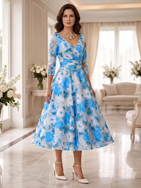 Robe Mère de la Mariée Ligne A/Princesse Florale à Col V Manches 3/4  Longueur Midi Froncée