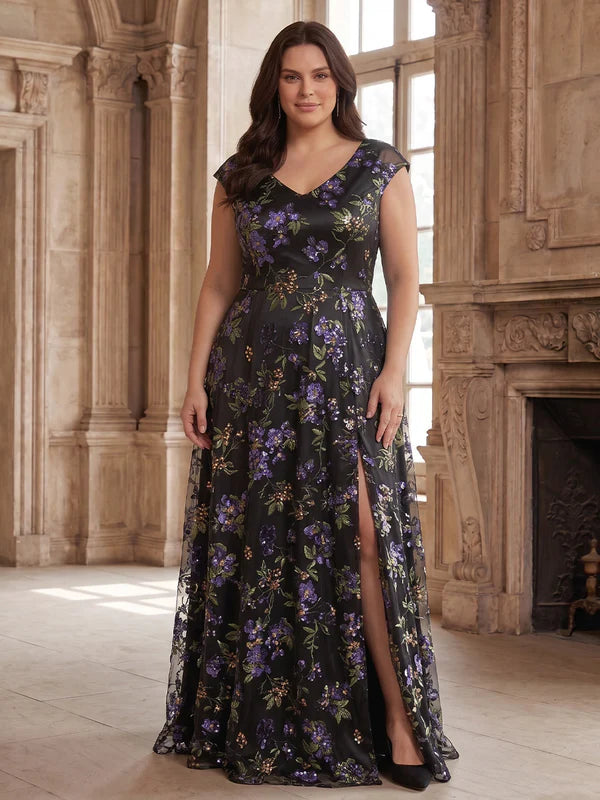 Robe Mère de la Mariée Grande Taille Florale à Paillettes Ligne A/Princesse à Col V Manches Courtes Longueur au Sol