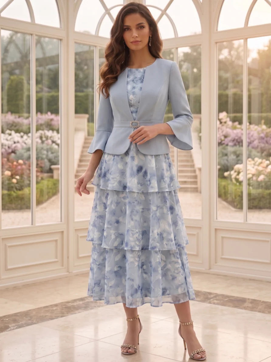 Robe 2 Pièces Mère de la Mariée Florale à Col Rond Ligne A/Princesse Longueur Mid Manches 3/4 avec Veste à Volants