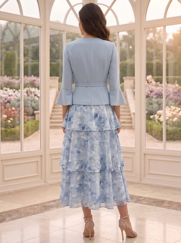 Robe 2 Pièces Mère de la Mariée Florale à Col Rond Ligne A/Princesse Longueur Mid Manches 3/4 avec Veste à Volants