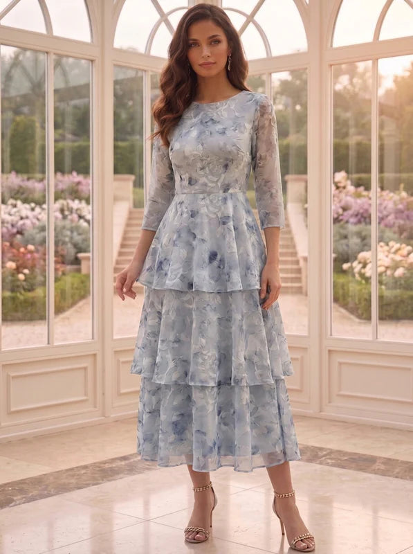 Robe 2 Pièces Mère de la Mariée Florale à Col Rond Ligne A/Princesse Longueur Mid Manches 3/4 avec Veste à Volants