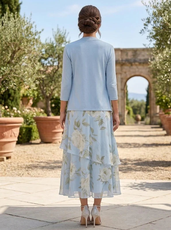 Robe 2 Pièces Mère de la Mariée Florale à Col Rond Ligne A/Princesse Longueur Midi Manches 3/4 avec Veste à Volants