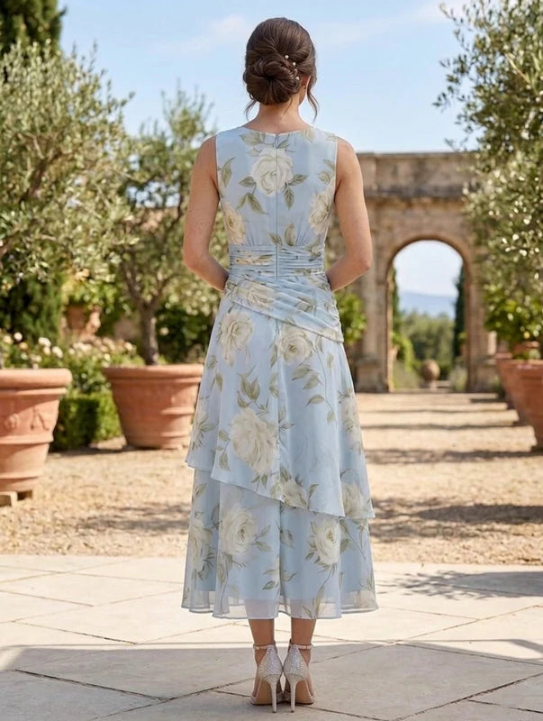 Robe 2 Pièces Mère de la Mariée Florale à Col Rond Ligne A/Princesse Longueur Midi Manches 3/4 avec Veste à Volants