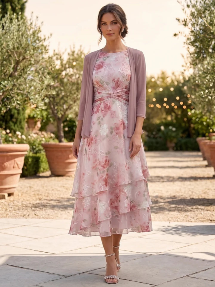 Robe 2 Pièces Mère de la Mariée Florale à Col Rond Ligne A/Princesse Longueur Midi Manches 3/4 avec Veste à Volants