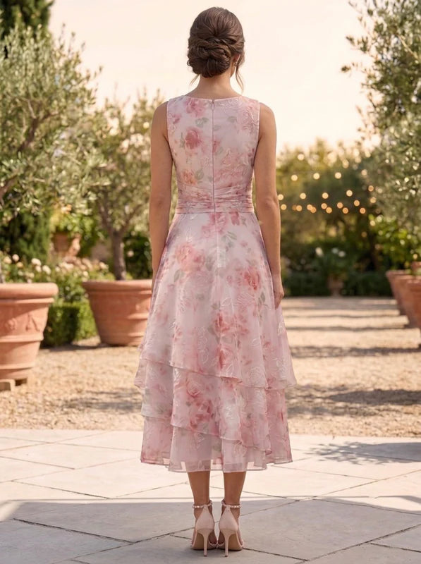 Robe 2 Pièces Mère de la Mariée Florale à Col Rond Ligne A/Princesse Longueur Midi Manches 3/4 avec Veste à Volants