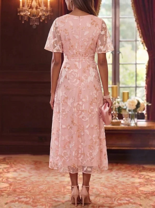 Robe Mère de la Mariée Florale en Mousseline à Col V Ligne A/Princesse Longueur Midi Manches Courtes